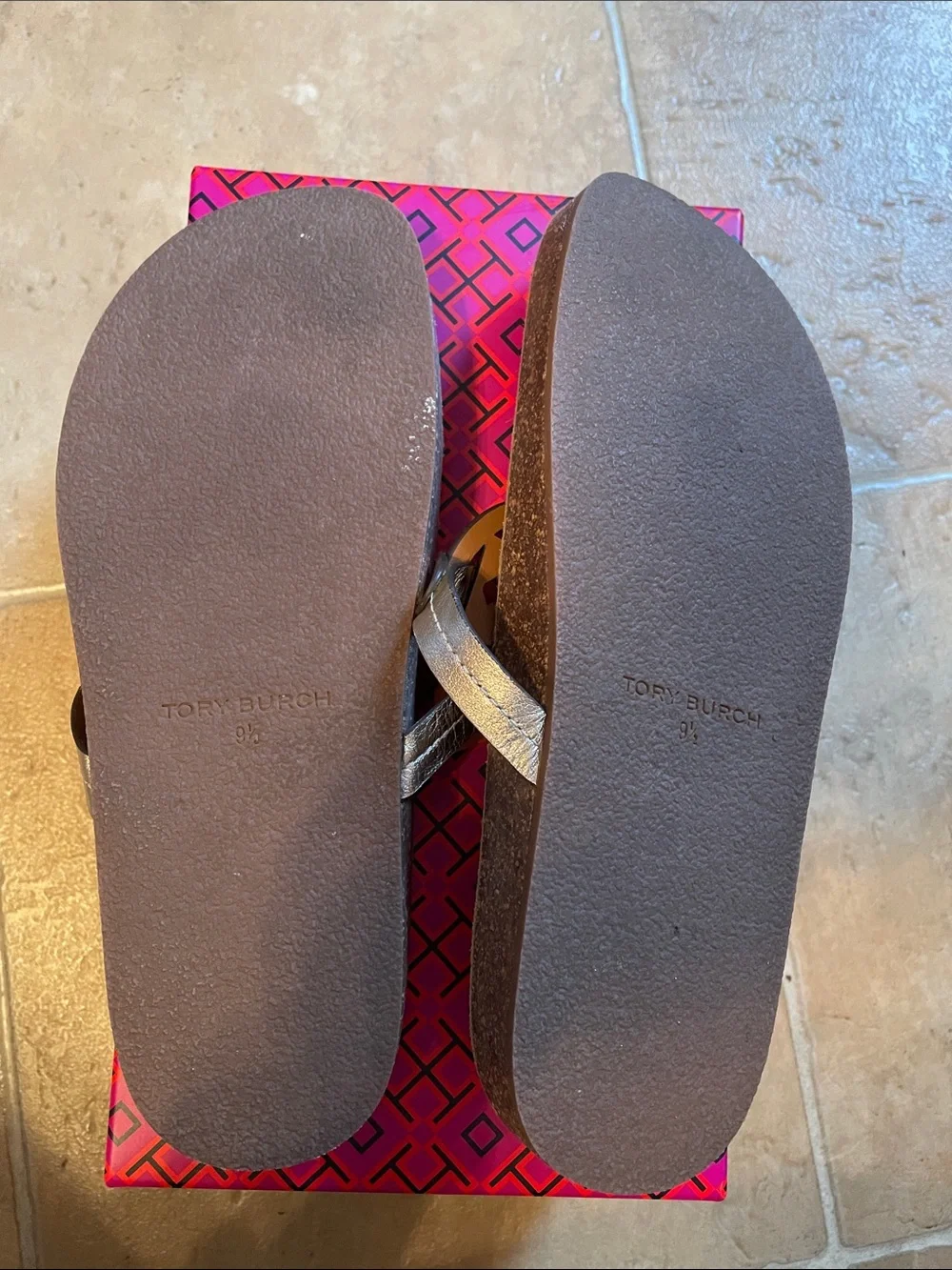 Tory Burch Brown Footbed Sandal with Silver Logo Medallion